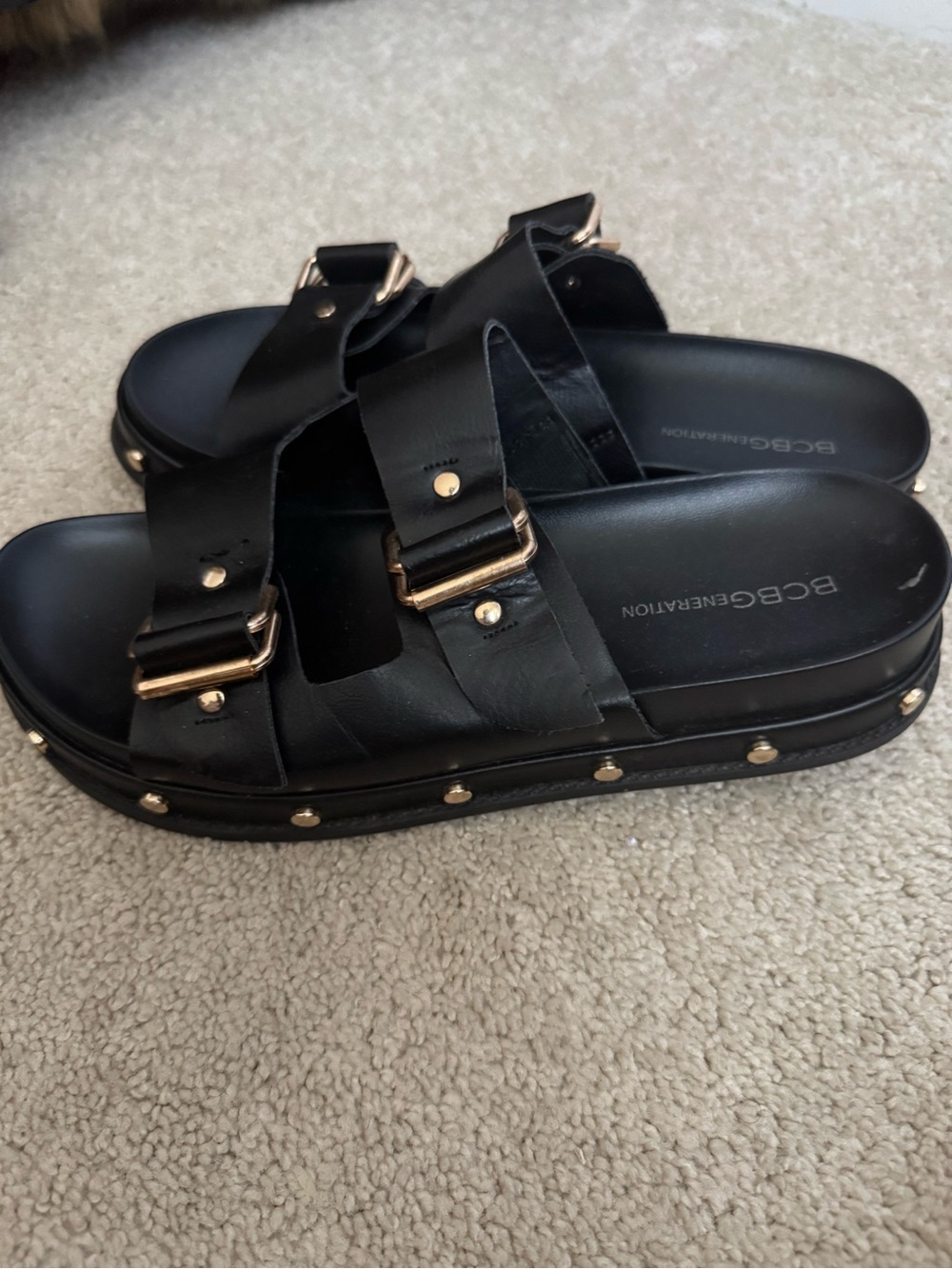 BCBGMaxAzria Black Double-Strap Slide Sandals with Gold Buckles - Picture 2 of 3